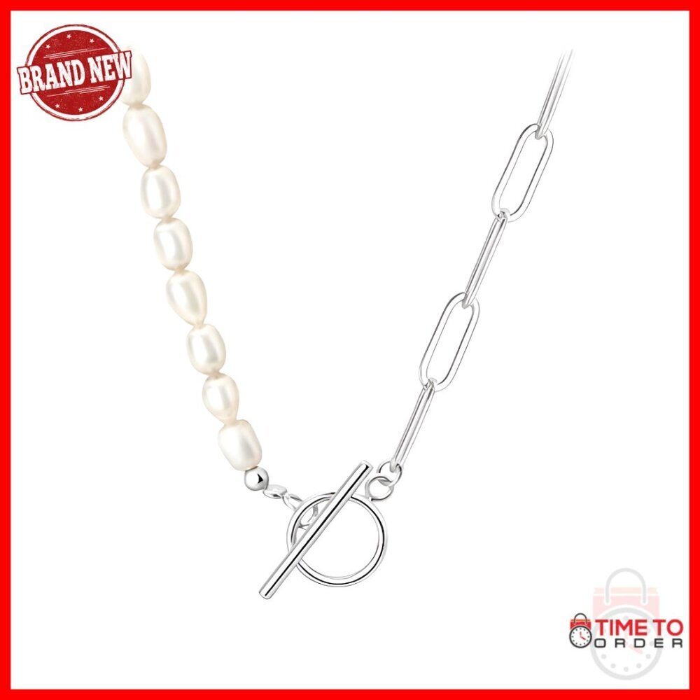 Sterling Silver Toggle Clasp Half Pearl Half Chain Necklace Unisex